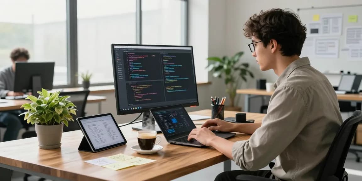 Build internal tools with AI in a modern workspace showcasing a developer coding with a focused atmosphere.