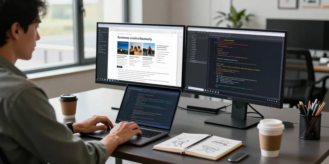 M5 MacBook on a modern office desk with dual monitors and tech news articles displayed, capturing a productive writing session.