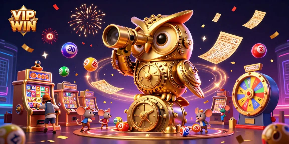 VIPWIN reveals thrilling casino moments with a golden owl surveying exciting gaming action and vibrant jackpots.