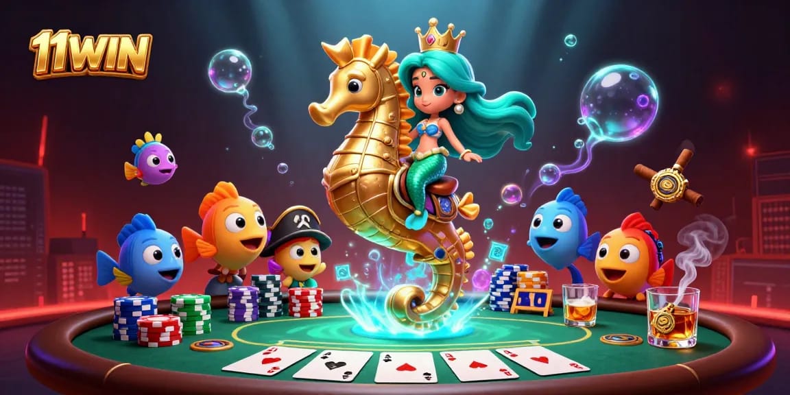 Experience the thrill of gaming with 11WIN as a colorful mermaid and seahorse dive into poker.