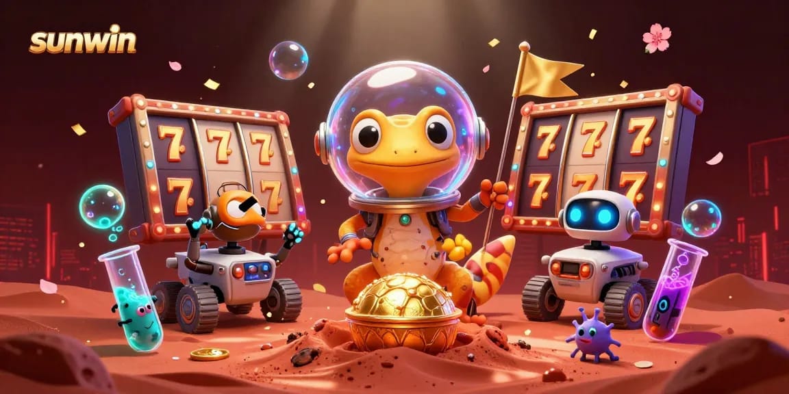Sunwin players enjoying vibrant slot games in an ultra-detailed Martian casino adventure