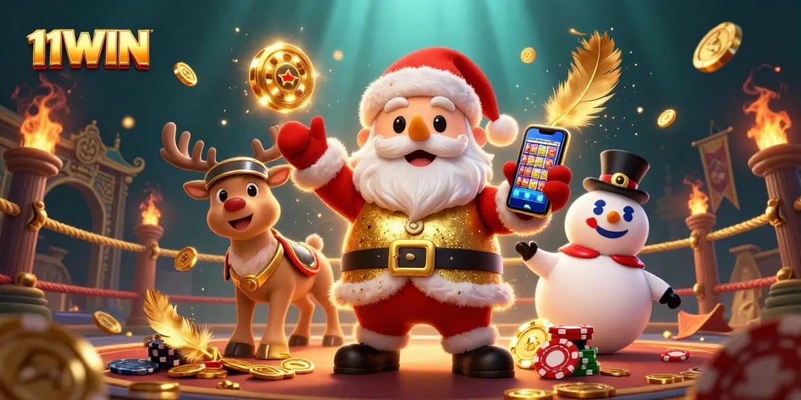 Engage with the festive 11WIN slots experience featuring Santa, reindeer, and a snowman in a rich casino scene.