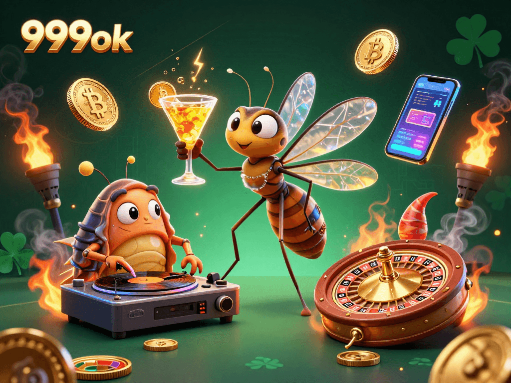 Engage with 999ok in this vibrant casino graphic showcasing cryptocurrency elements.