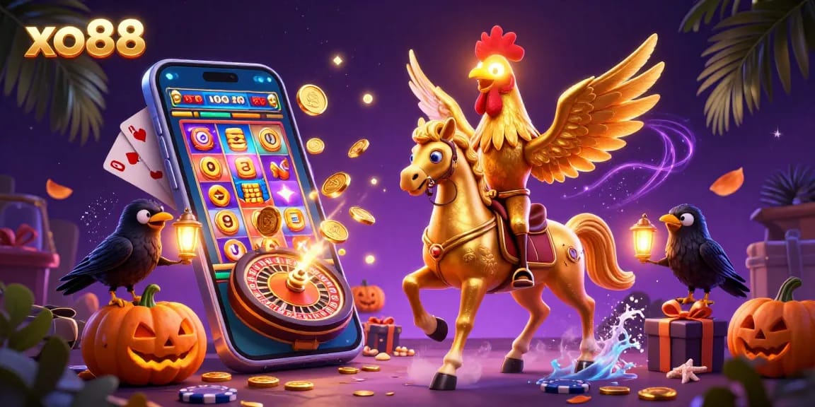 Experience vibrant gaming action with xo88's golden rooster and gaming scenes in a mystical casino.