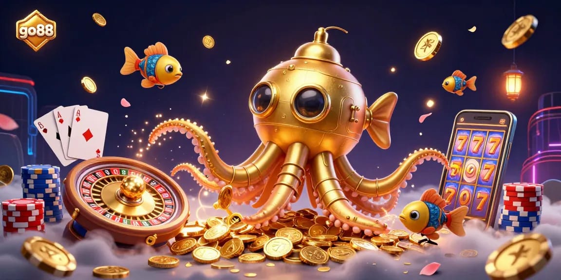 Spin with go88's golden kraken submarine amidst coins and gems in a vibrant casino fantasy.