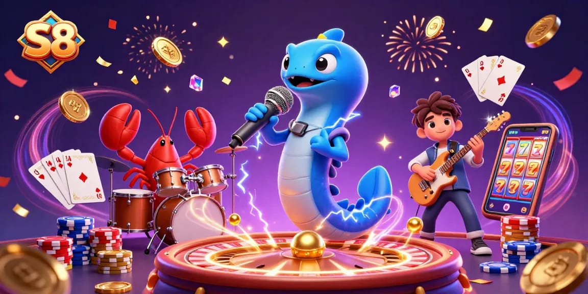 S8 players enjoying wins in a vibrant underwater casino with festive elements and dynamic gameplay.