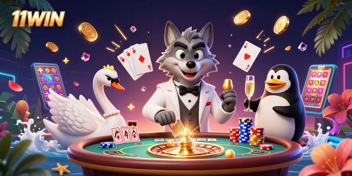 Experience thrilling moments with 11WIN at a lively casino featuring characters and dynamic gaming elements.