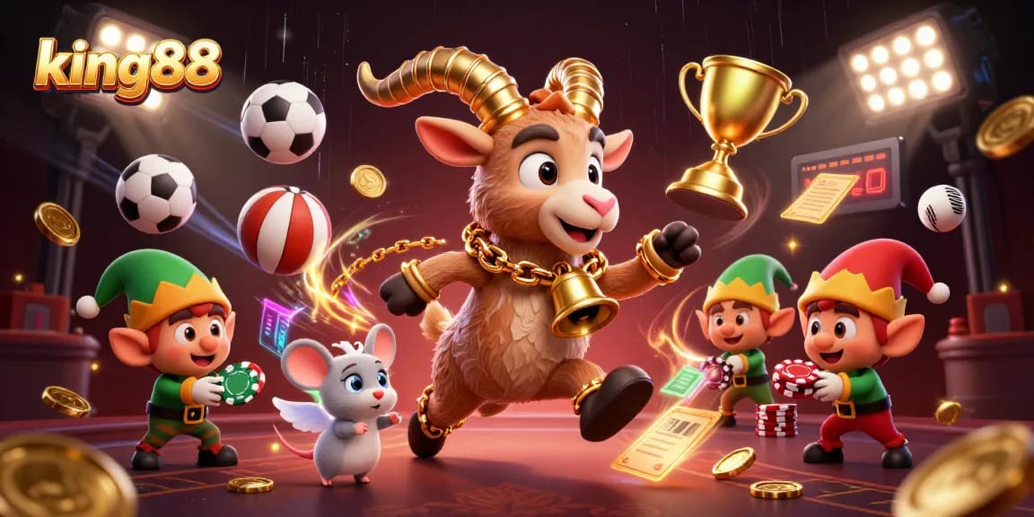 Experience the excitement of king88 with a festive casino scene featuring playful characters and dynamic gaming elements.