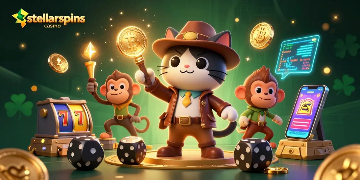 Engage with stellarspins casino as the explorer cat uncovers golden artifacts amidst vibrant gambling elements.