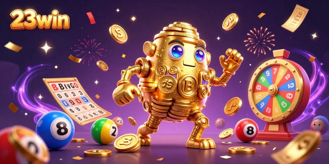 Engage in thrilling gameplay at 23win with vibrant lottery elements and a golden golem symbolizing fortune.