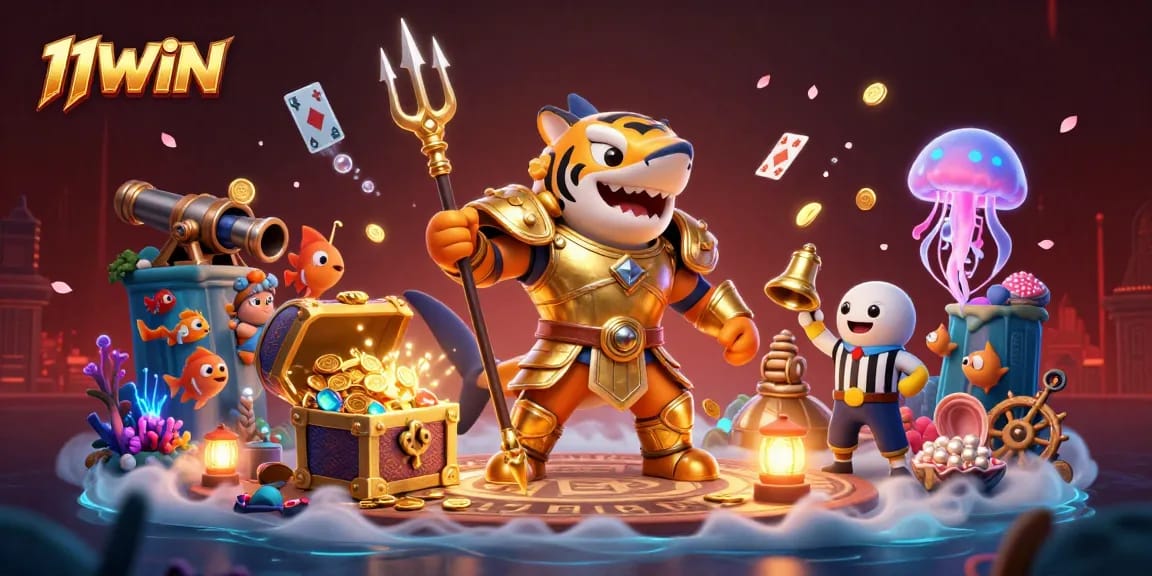 Experience 11WIN excitement with a dynamic underwater casino scene featuring a gladiator tiger shark.