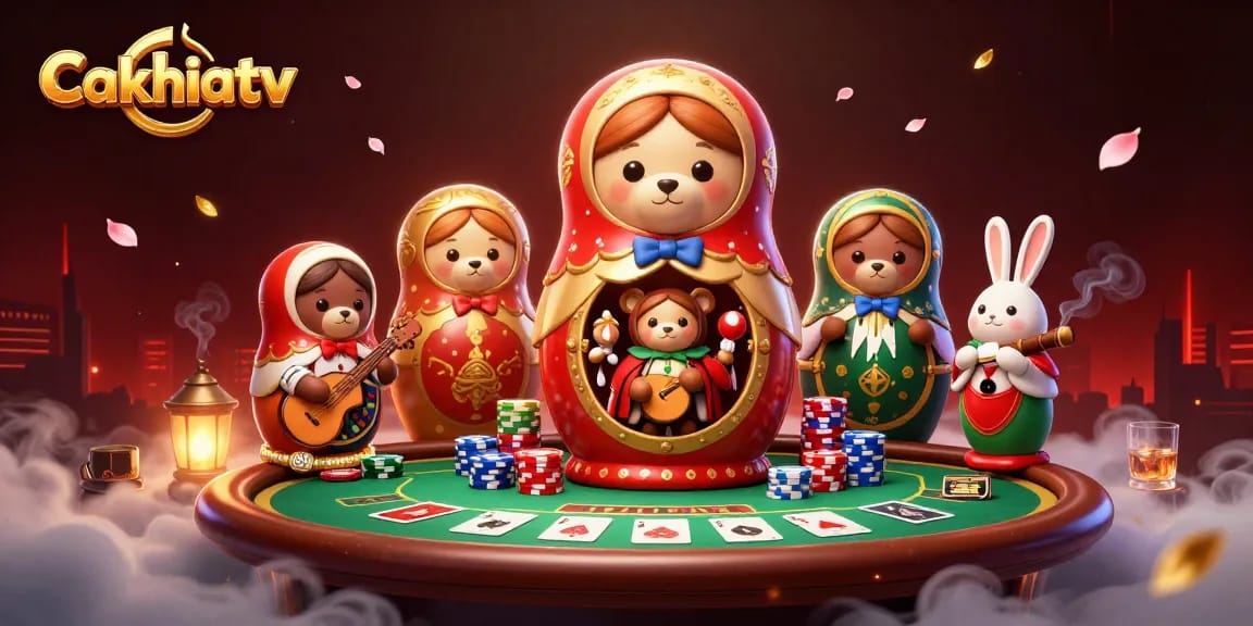 Cakhiatv gaming illustration showcasing a vibrant 3D Matryoshka bear scene intertwined with casino elements.