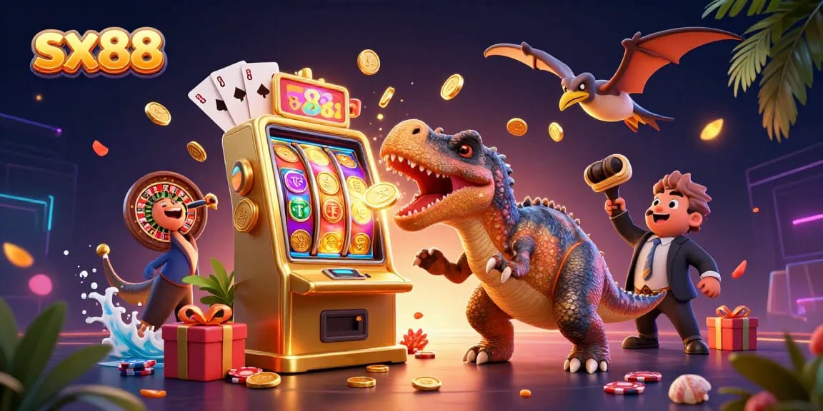 SX88 players enjoy jackpot wins as a pachycephalosaurus interacts with a golden slot machine amidst flying coins.