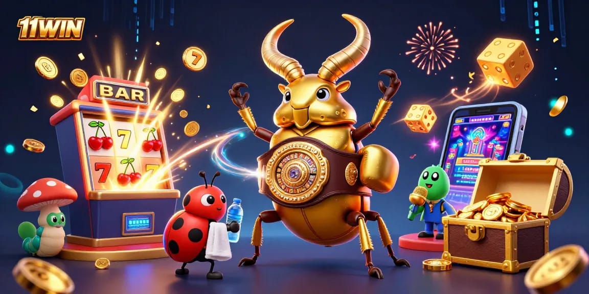 Experience thrilling slots with 11WIN in an ultra-detailed 3D casino showdown illustration.