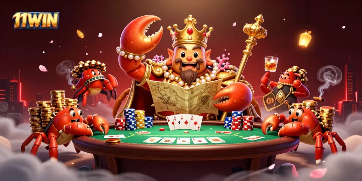 Experience thrilling poker action with 11WIN’s golden crab emperor amidst vibrant casino elements.
