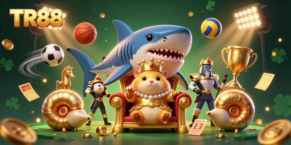Engage in thrilling bets with TR88's dynamic 3D casino scene featuring a golden hamster king and sports elements.