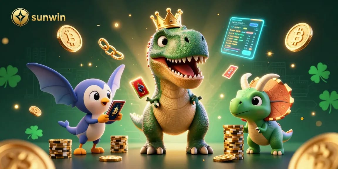 Join the fun with sunwin as the T-Rex shuffles cards, showcasing crypto coins in an exciting casino scene.
