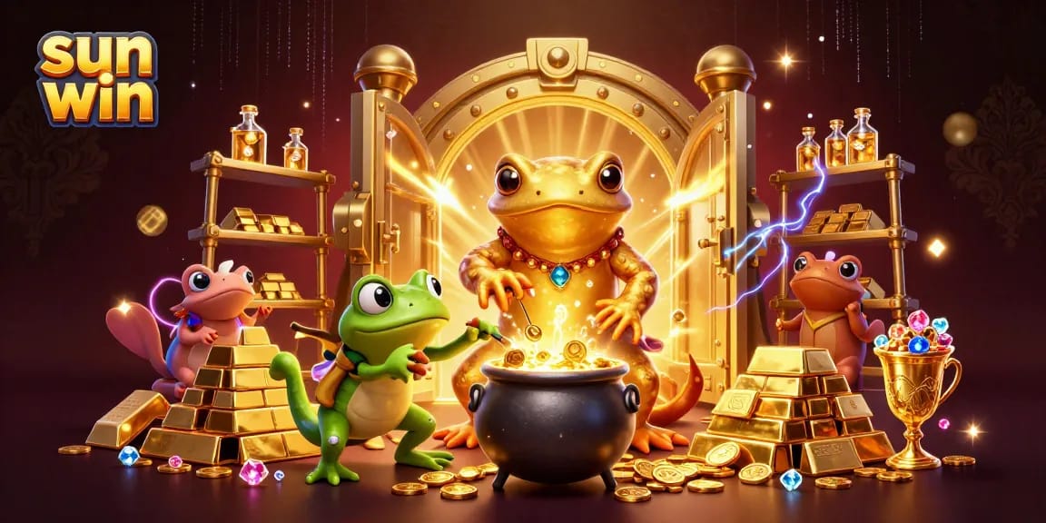 Engage with sun win as the alchemist crafts gold coins in a vibrant 3D casino scene.