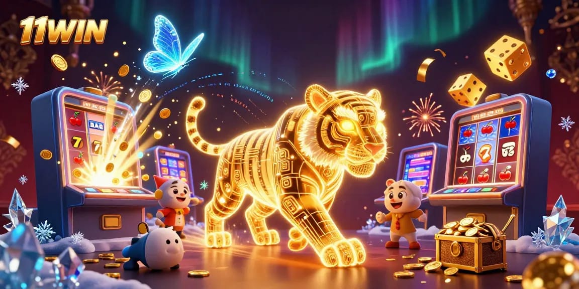Experience the thrill of 11WIN with a golden tiger in a vibrant digital casino atmosphere.