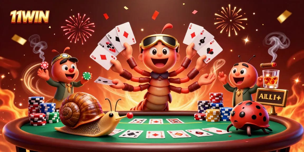 Experience the gaming thrill with 11WIN, showcasing a vibrant poker scene filled with excitement and energy.
