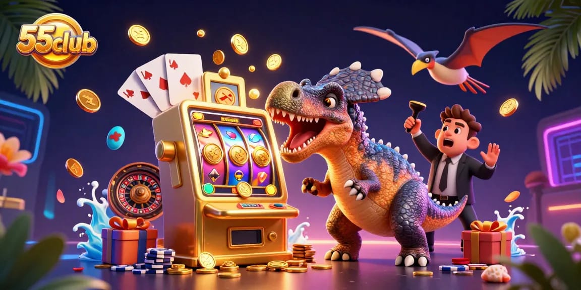 Experience the thrill of 55club with vibrant slot action featuring unique dinosaur characters.