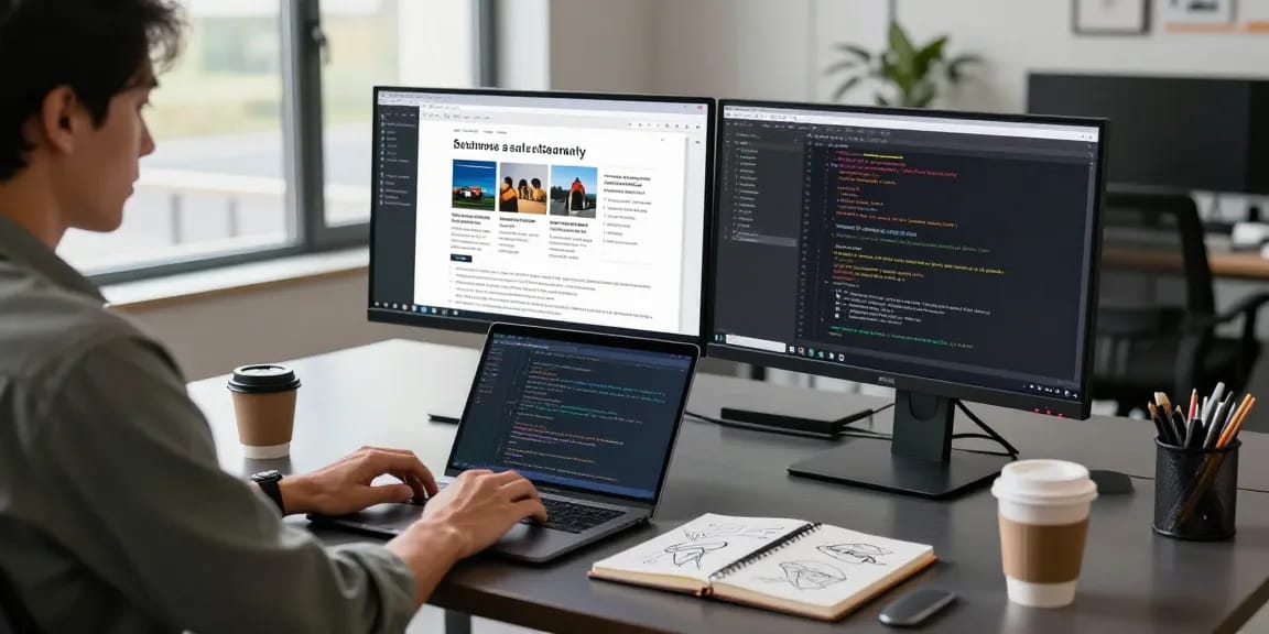 M5 MacBook on a modern office desk with dual monitors and tech news articles displayed, capturing a productive writing session.