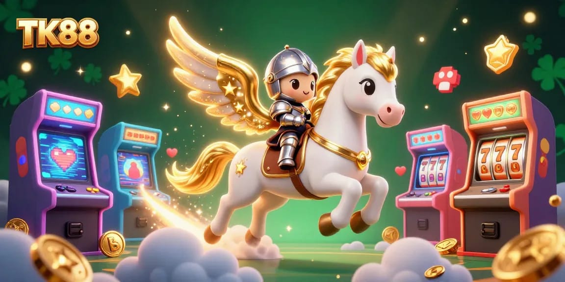 Experience the excitement of TK88 with a vibrant 3D illustration showcasing games and golden rewards.
