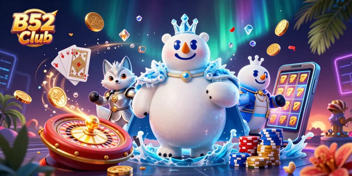 Experience the thrill of wins at B52Club with a dazzling casino scene featuring animated characters, golden coins, and spinning reels.