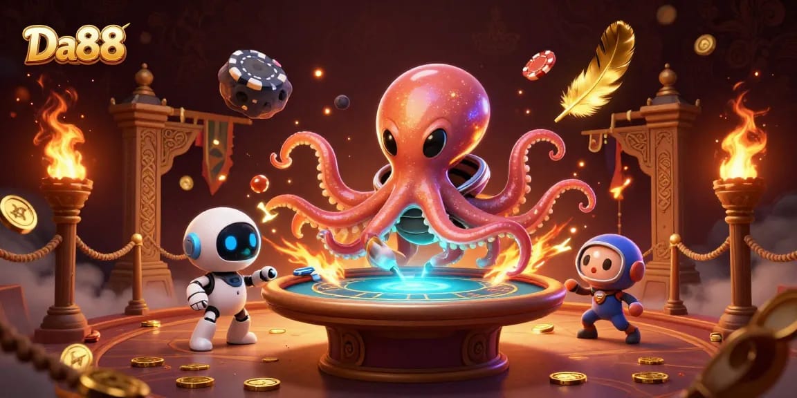 Play poker with Da88 as a charming alien octopus and a cheerful robot amidst cosmic treasures.