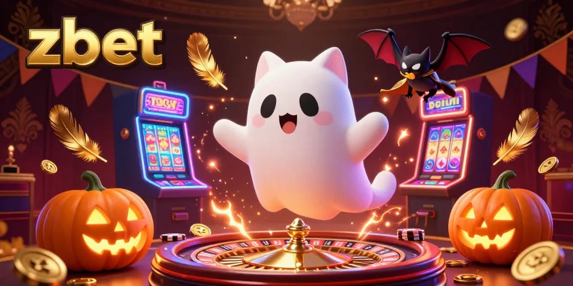 Zbet elevates your gaming with a spirited 3D illustration showcasing a ghost cat, vibrant casino elements, and winning highlights.