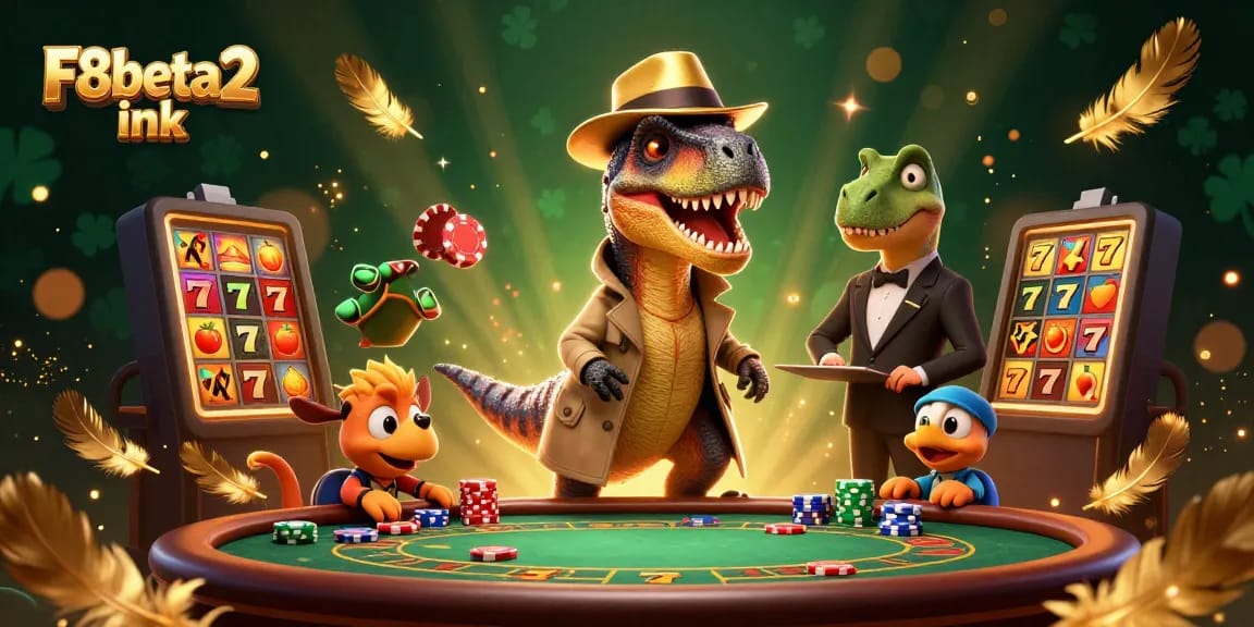 Engage with F8beta2 ink at a blackjack table, featuring dynamic cartoon characters and lively gambling elements.