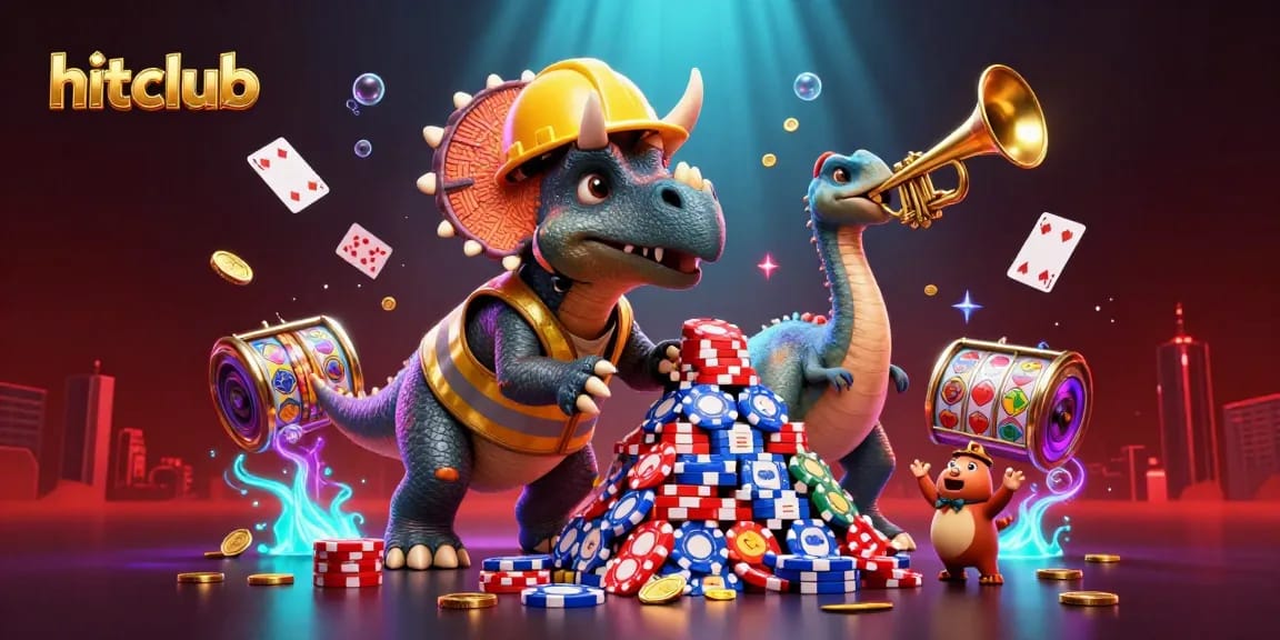 Hitclub showcases a colorful 3D casino scene with triceratops and poker chips.