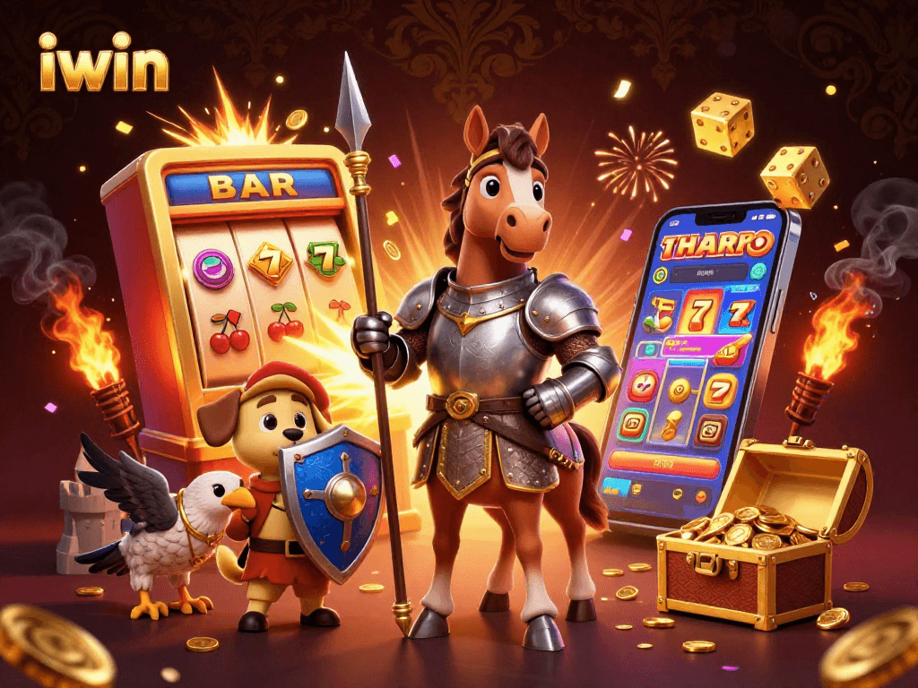 Experience the thrill of iwin with a jackpot explosion, featuring a knight, squire, and falcon in a vibrant casino scene.