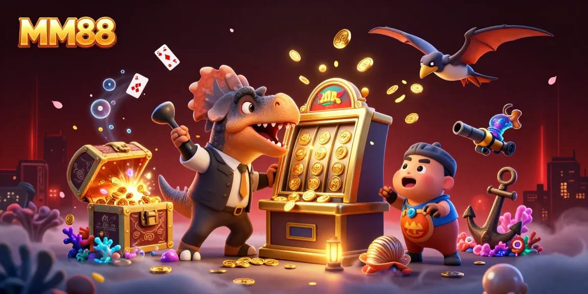 Experience the thrill of MM88 jackpots with cartoon dinosaurs in a vibrant casino scene.
