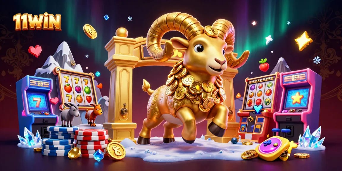 Engage in thrilling slot play at 11WIN with a massive golden ram charging through a vibrant casino scene.