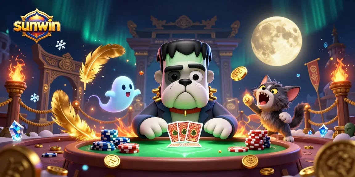 Engage with sunwin casino as a Frankenstein bulldog deals cards amid ghostly treasures.