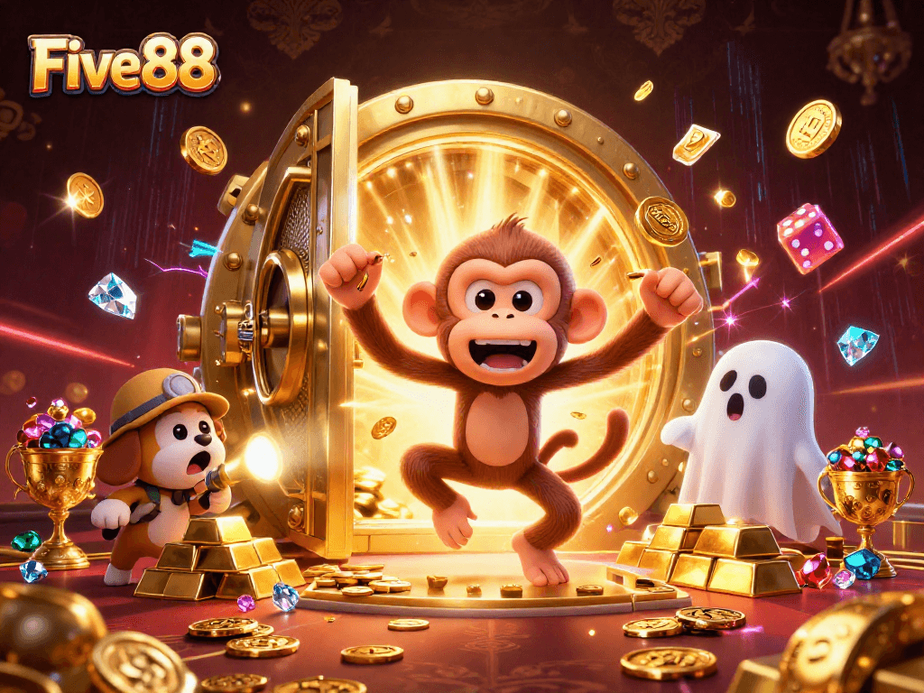 Join the excitement at Five88, where a mischievous monkey and curious puppy beam gold in a bustling casino scene.