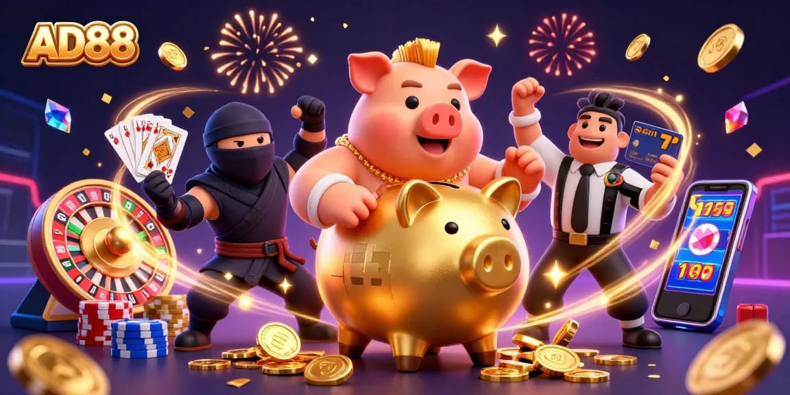 Celebrate with AD88 at a vibrant casino scene featuring dynamic characters and dazzling game elements.