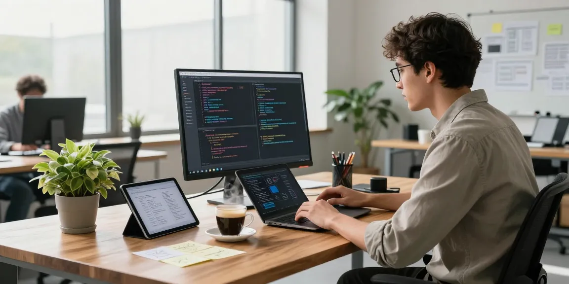 Build internal tools with AI in a modern workspace showcasing a developer coding with a focused atmosphere.