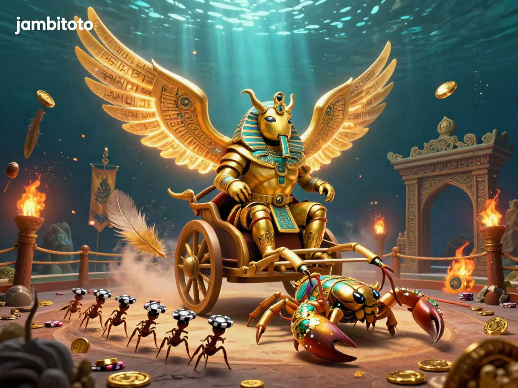 Engage with jambitoto's dynamic casino scene featuring a golden beetle and scorpions in action.