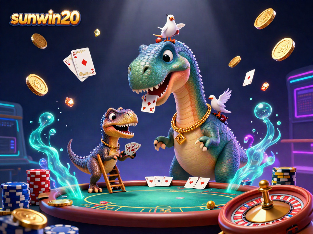 Experience the excitement of sunwin20 with a vibrant casino scene featuring dynamic characters and golden game elements.