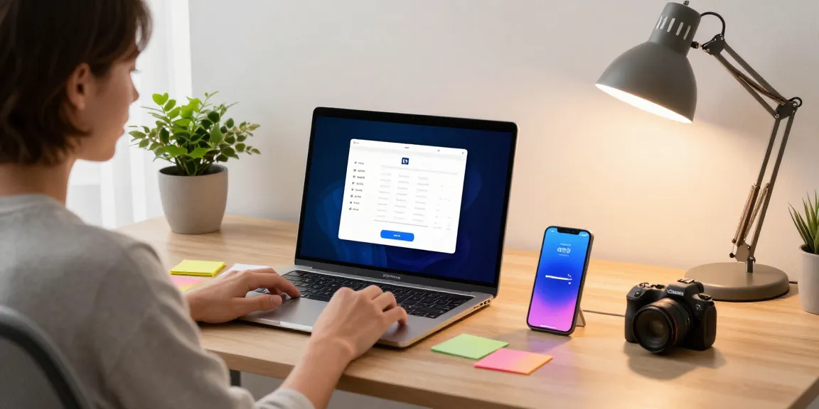 使用爱思助手的现代办公场景，用户在桌上操作iPhone与电脑的数据传输
