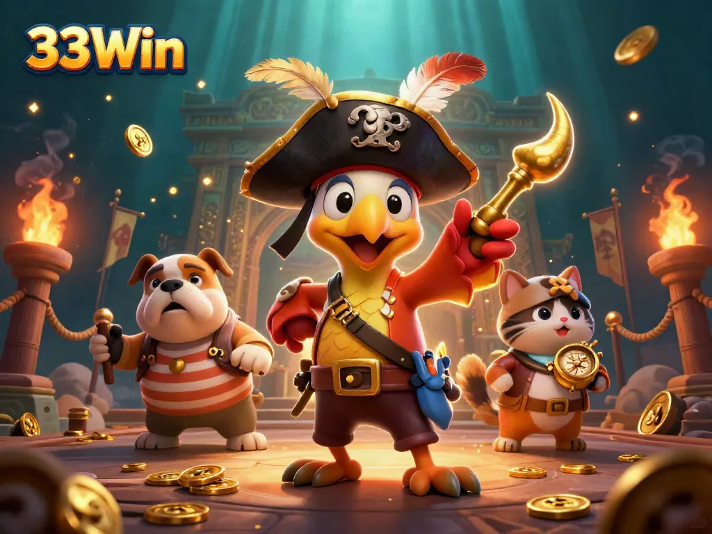 Engage in a thrilling 33Win adventure with a pirate captain, bulldog first mate, and cat navigator.