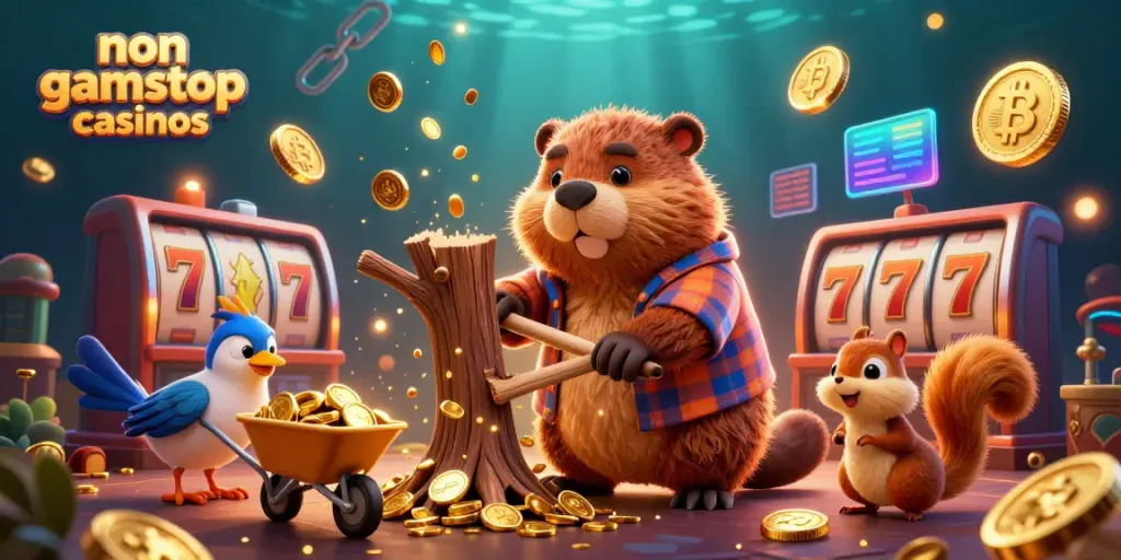 Experience fun at non gamstop casinos with a vibrant scene featuring a cartoon beaver, coins, and casino elements!