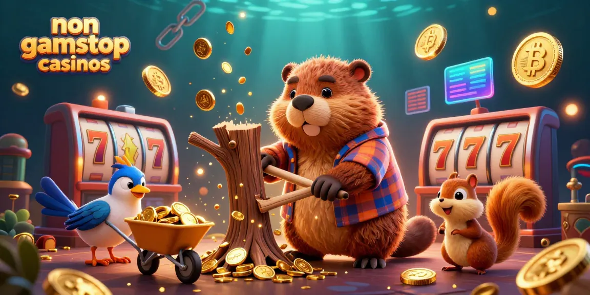Experience fun at non gamstop casinos with a vibrant scene featuring a cartoon beaver, coins, and casino elements!