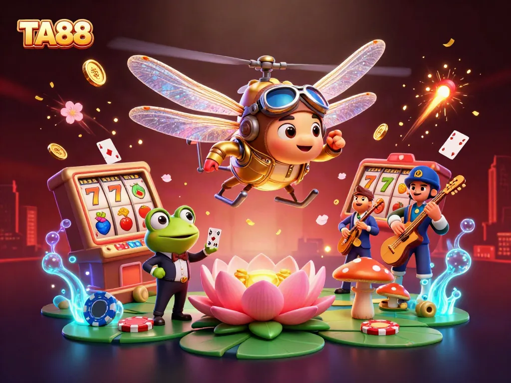 Engage with TA88's vibrant gaming scene featuring an animated dragonfly pilot and frog croupier.