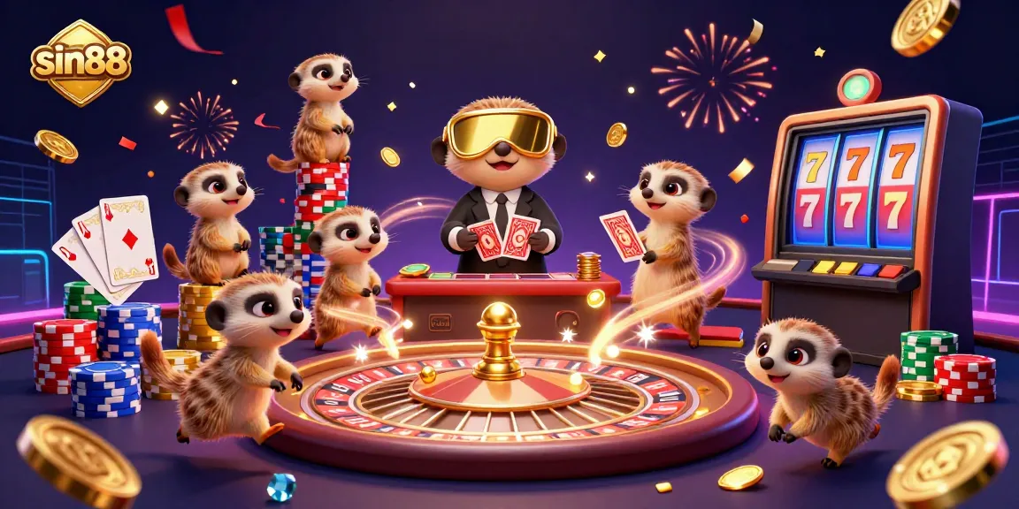 Join the fun at sin88 with meerkats managing a lively casino full of games and excitement.