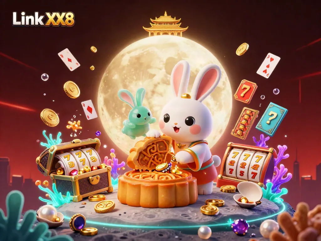 Spin to win with Link XX8 as vibrant casino elements burst forth from mooncakes, inviting gamblers to play.