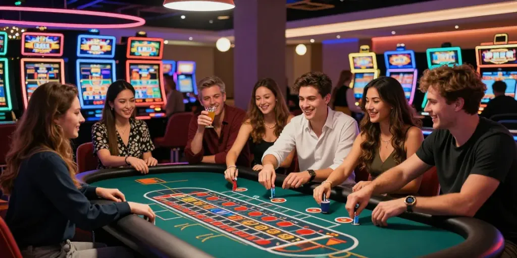 Exciting vibrant casino scene showcasing non Gamstop UK casino experience with players at roulette table.