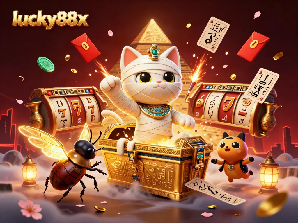 Play exhilarating slots at lucky88x with a mummy cat bursting out of a sarcophagus in a vibrant casino.